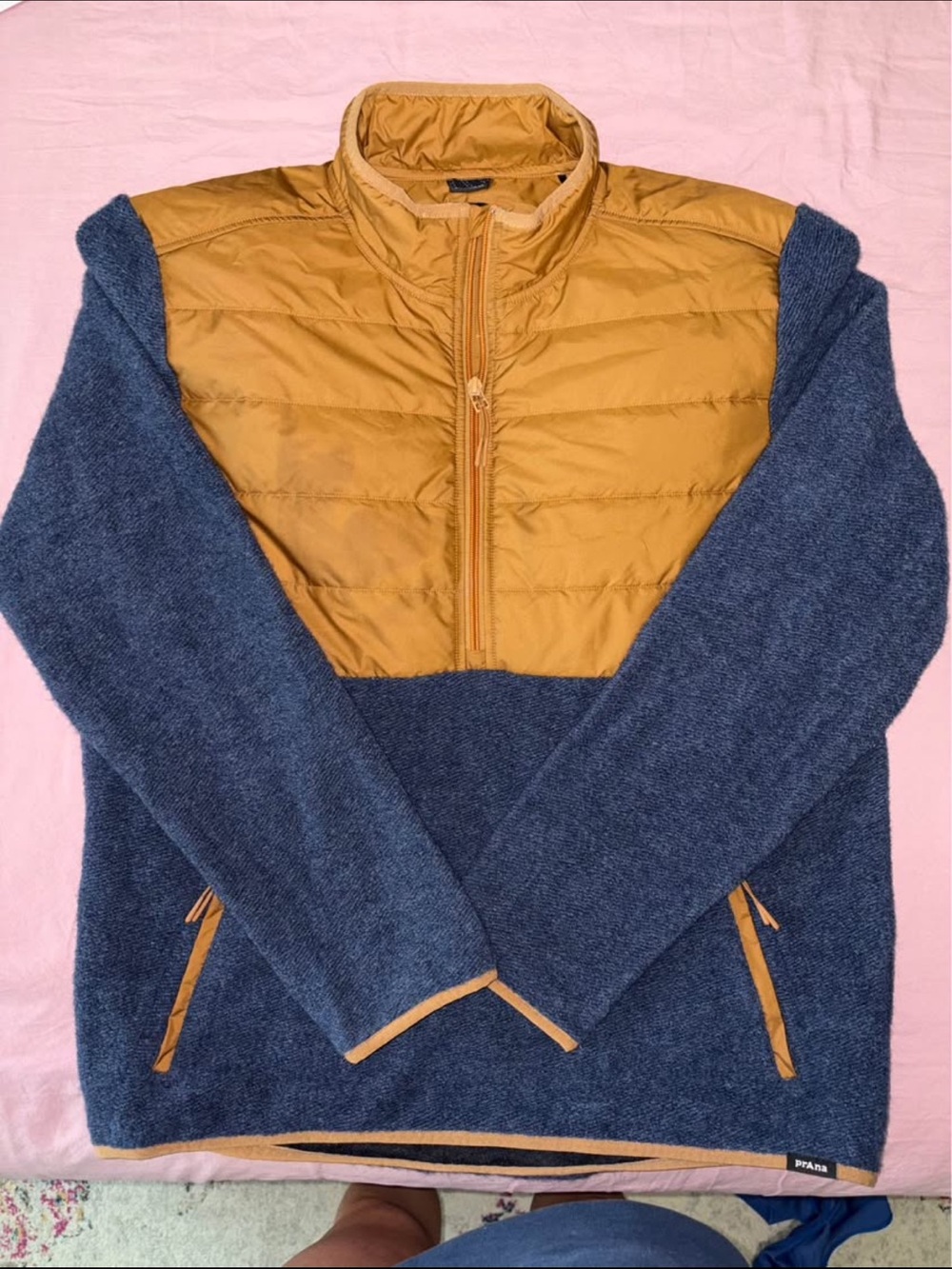 PrAna and Men's Two-Tone Quilted Chest Pullover Sweater - Mustard & Navy